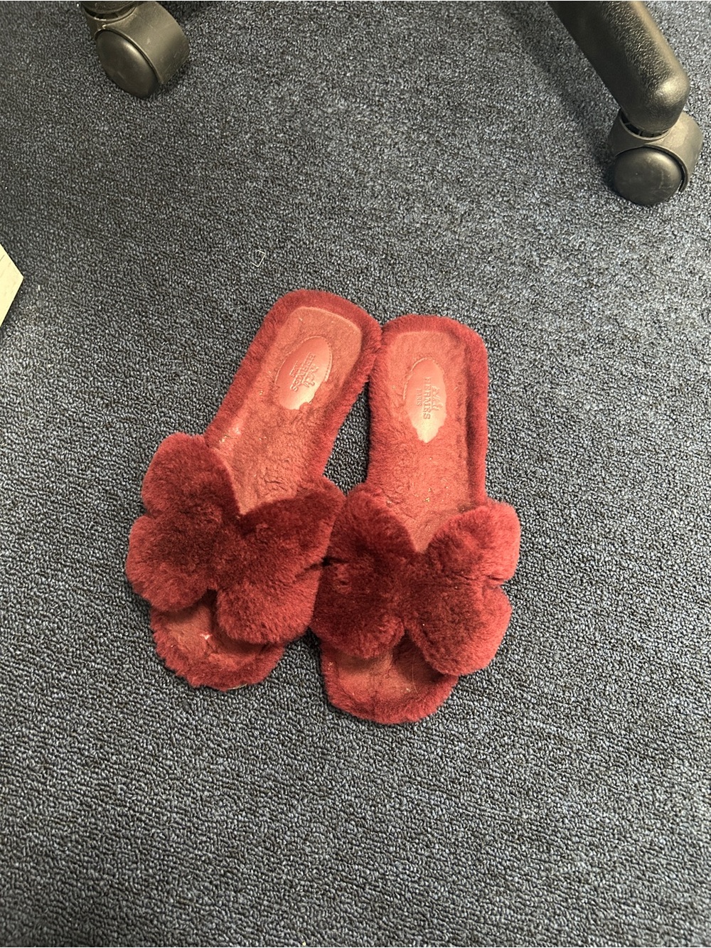 Hermes Burgundy Faux-Fur Slide Slippers with Bow Accent